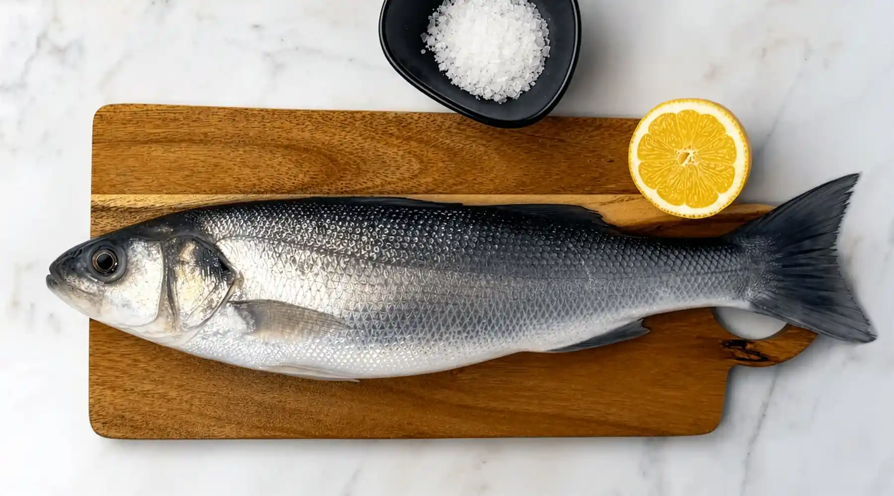 Fresh whole Mediterranean sea bass on ice at Sea House Dubai